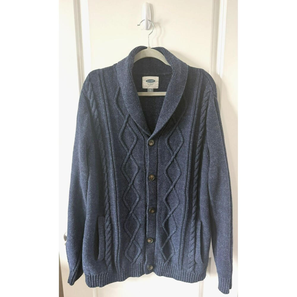 Old Navy Sweater Mens XXL Blue Shawl Collar Cable Knit Button Up Cardigan Cozy